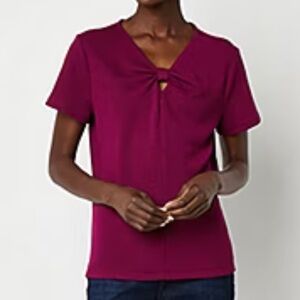 NWT Liz Claiborne keyhole twist neck burgundy stretch jacquard top, sz Large